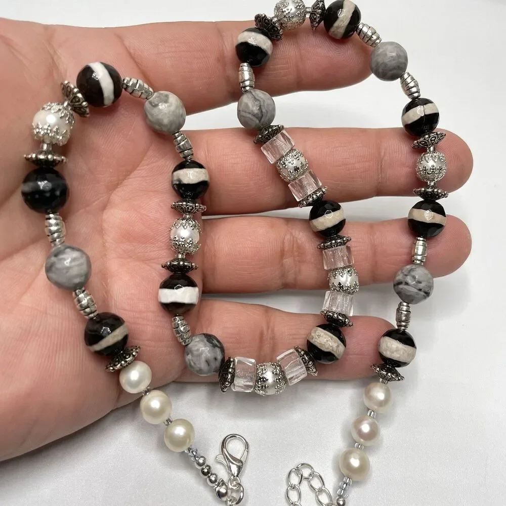 Stunning Agate Picasso Jasper Freshwater Pearl Beaded Necklace Silver Plated